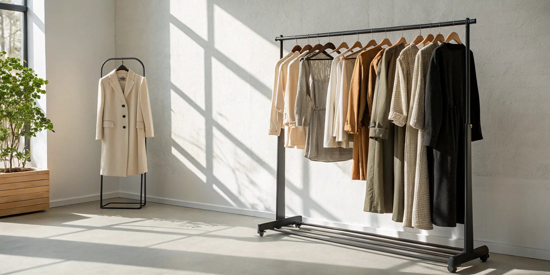 A rack of neutral-toned eco-friendly clothing from sustainable fashion brands.