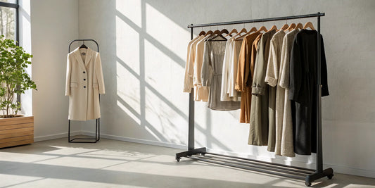 A rack of neutral-toned eco-friendly clothing from sustainable fashion brands.