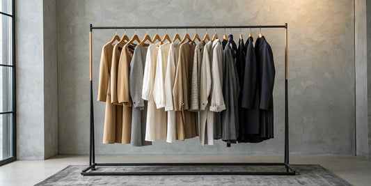 Neutral-toned premium apparel from top brands hanging on a clothing rack.