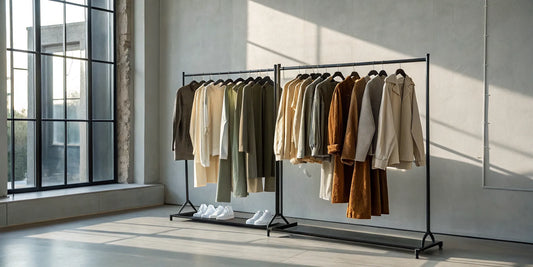 A clothing rack of stylish sustainable streetwear featuring neutral-toned apparel and white sneakers.