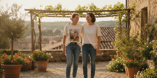 A person wearing a boxy graphic tee beside another wearing a relaxed-fit tee, showing the difference in silhouette.