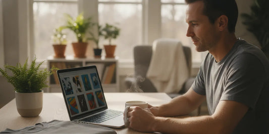 A shopper browsing everyday graphic tees on a laptop at home
