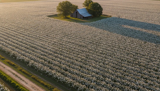 Aerial view of a North Carolina cotton farm with rows of cotton ready for harvest in golden afternoon light