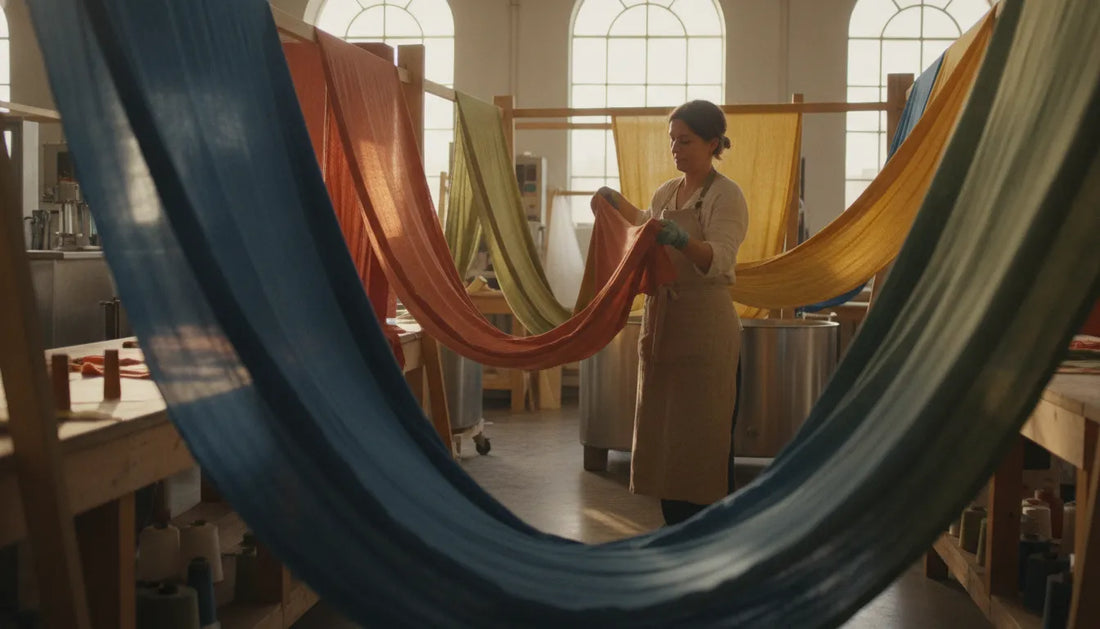 Close-up of responsibly dyed fabric on a textile production table, representing Blue Sign certified dyes used in thoughtfully made clothing