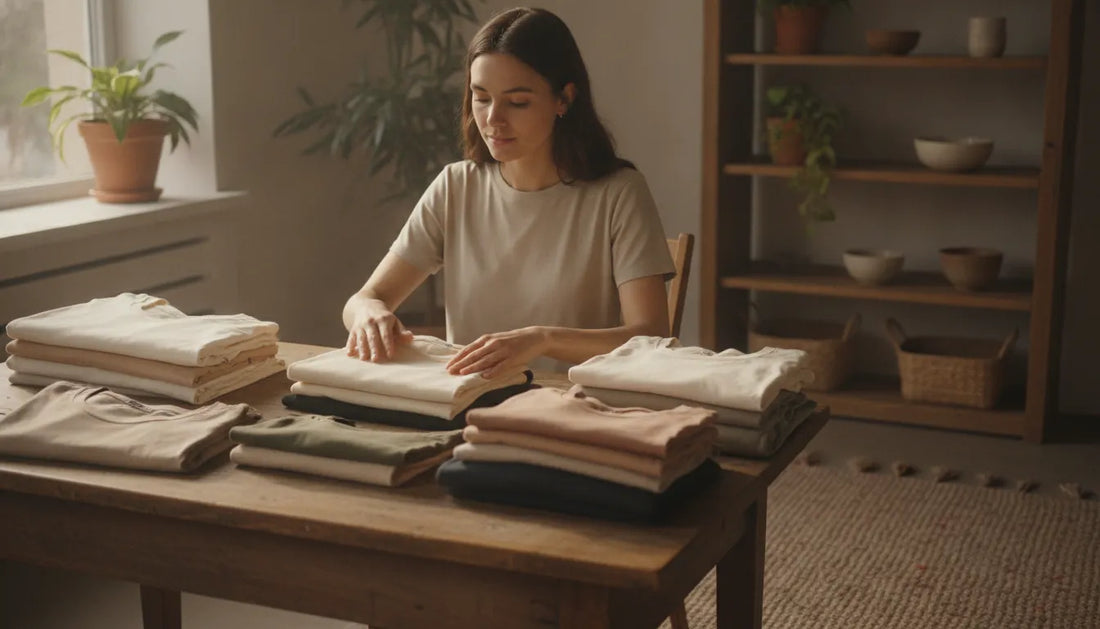 A shopper folding a stack of soft natural tees on a wood table