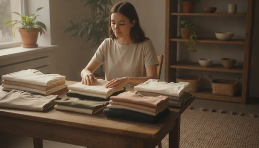 A shopper folding a stack of soft natural tees on a wood table