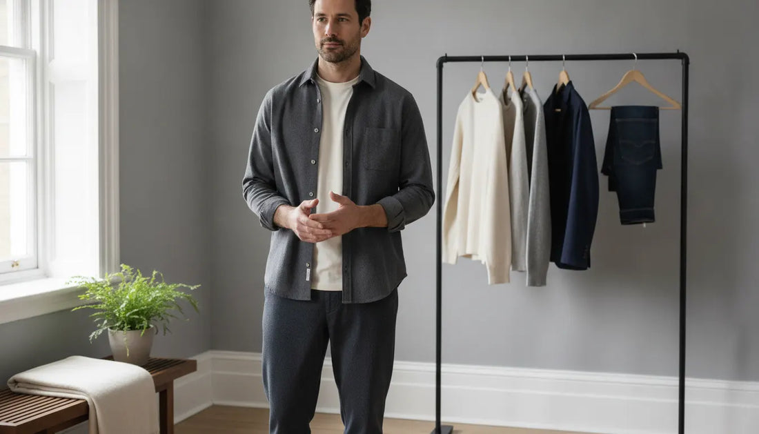 Man wearing a neutral cotton tee and overshirt beside a small minimalist clothing rail