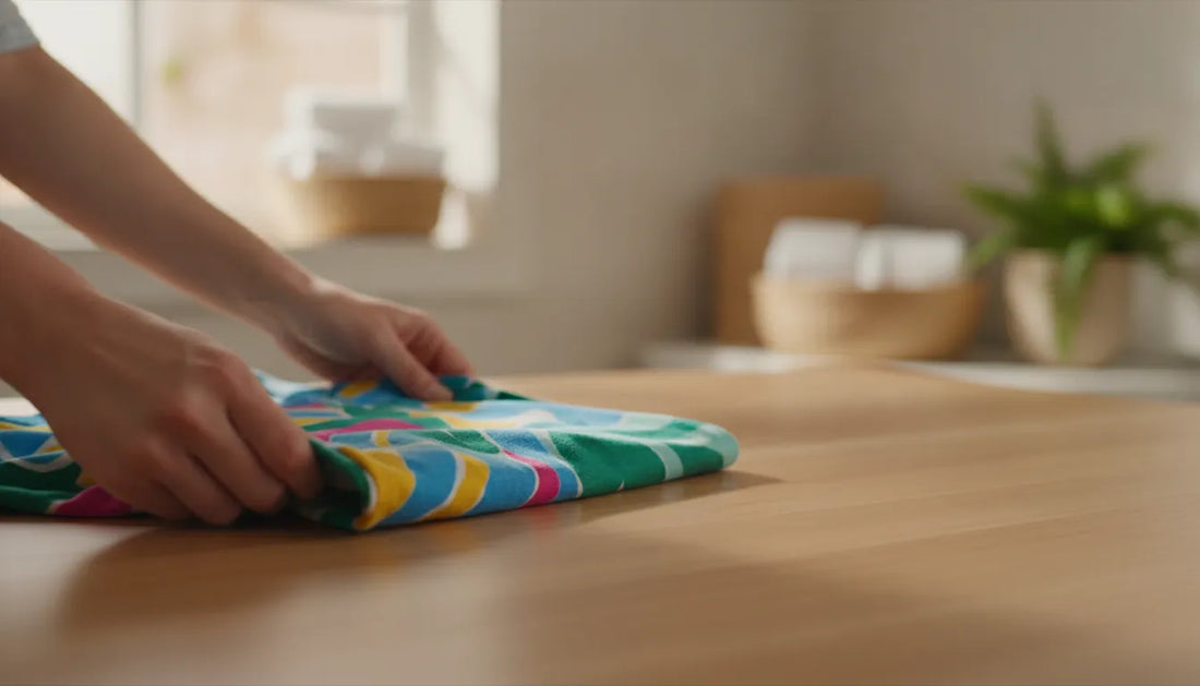Person folding a graphic cotton t-shirt in a bright laundry room