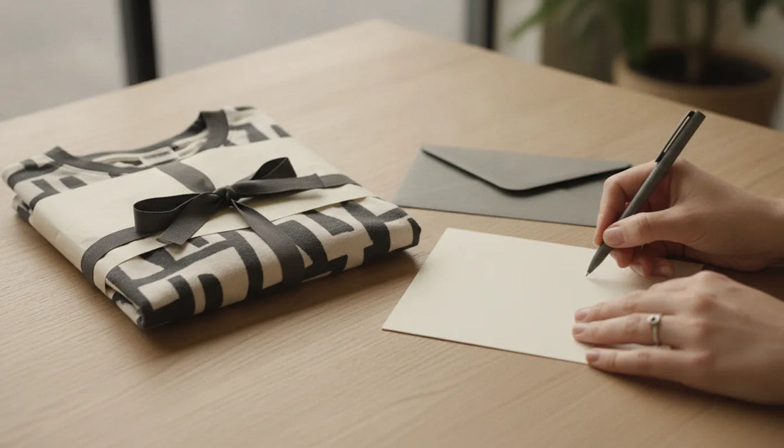 Thoughtful gift with a folded graphic t-shirt, handwritten card, and simple wrapping