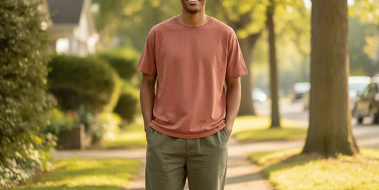 A person wearing a relaxed drop-shoulder T-shirt with the shoulder seam sitting below the natural shoulder