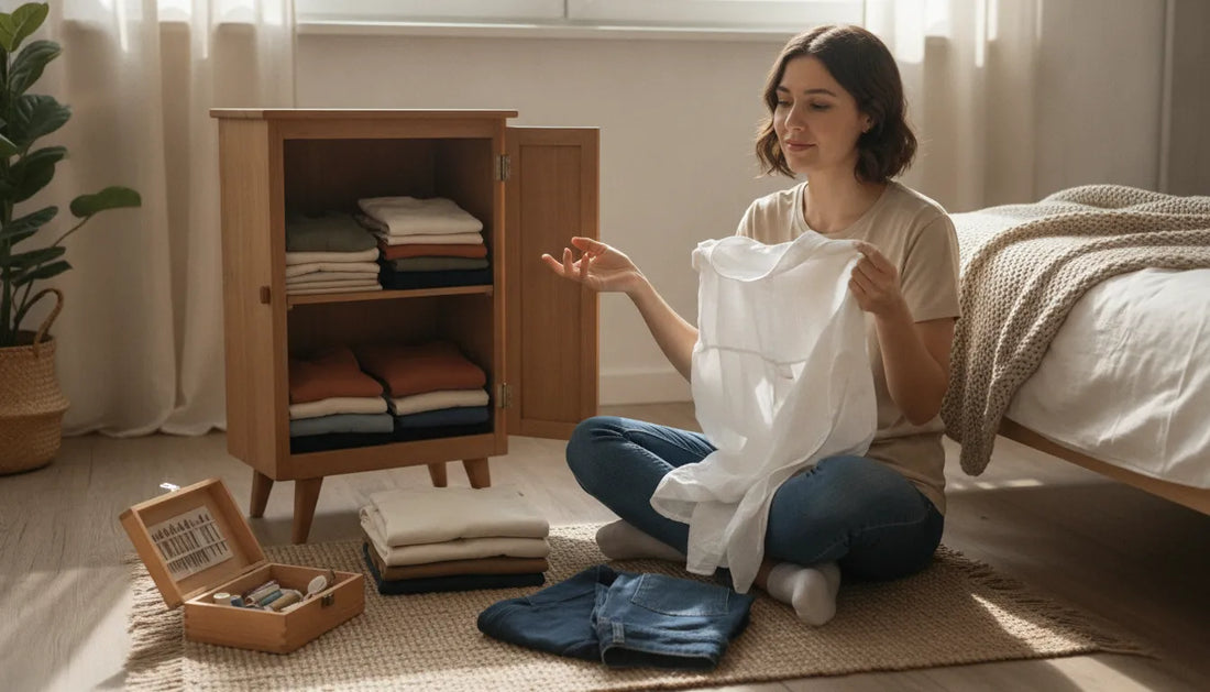 Person planning a mindful wardrobe on a budget with cotton clothing and a sewing kit