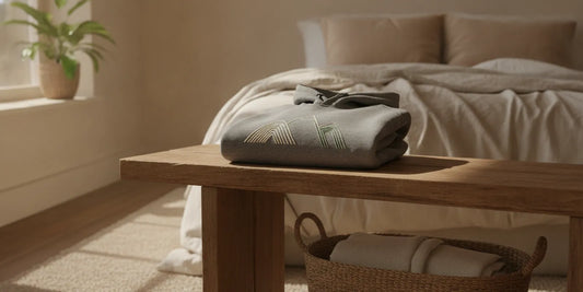 A neatly folded hoodie resting on a closet shelf
