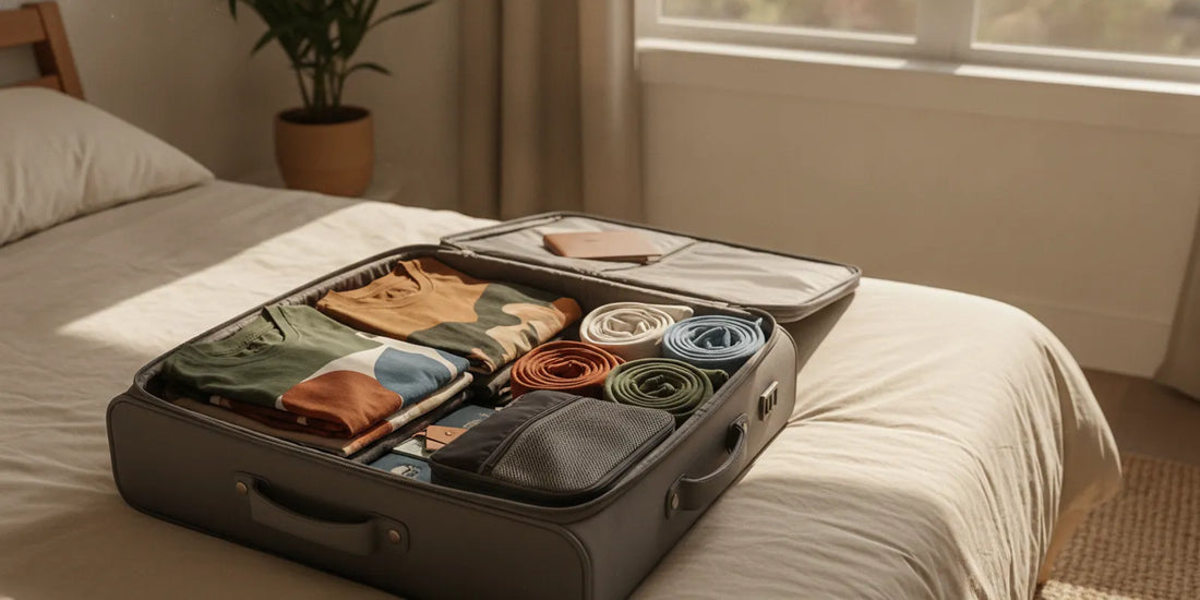Folded graphic T-shirts arranged beside an open suitcase for a weekend trip