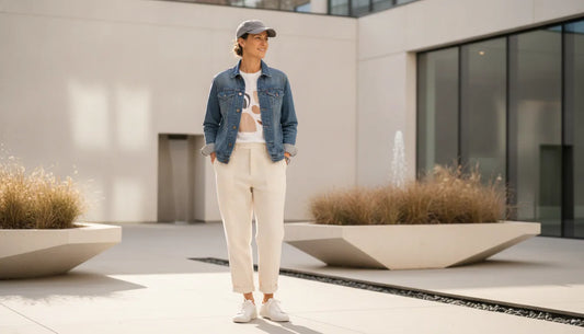 Adult wearing a denim jacket over a graphic tee in a bright courtyard