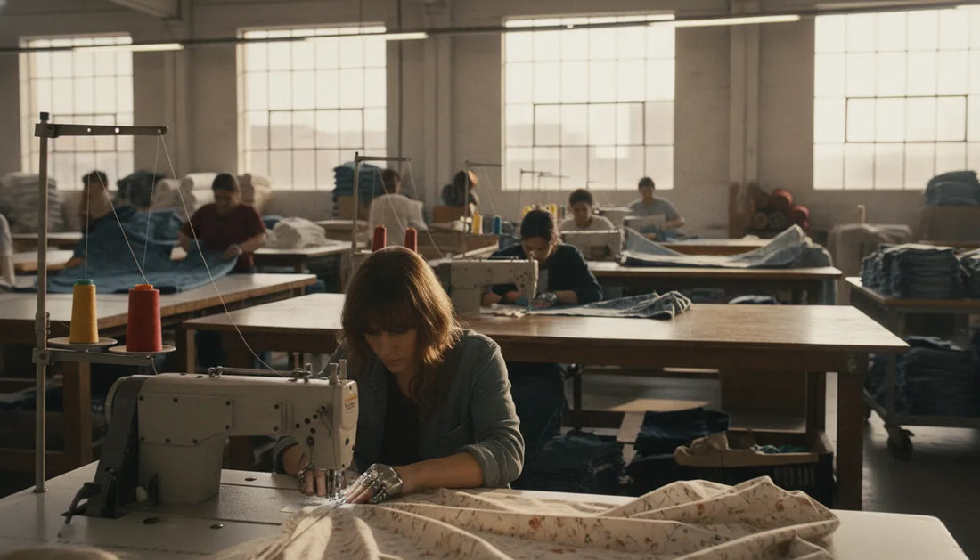 Textile worker sewing cotton fabric at a bright American apparel factory