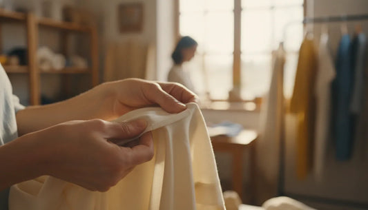 Close-up of a shopper examining the stitching and fabric of a responsibly made cotton t-shirt