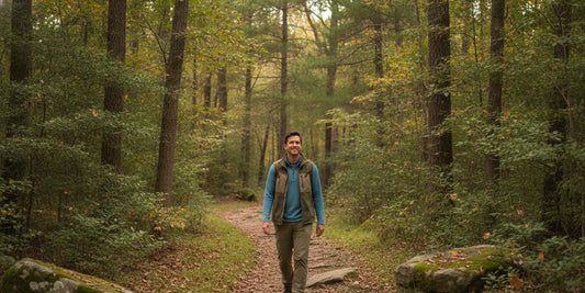 Hiker in comfortable layered clothing walking a wooded trail on a mild day