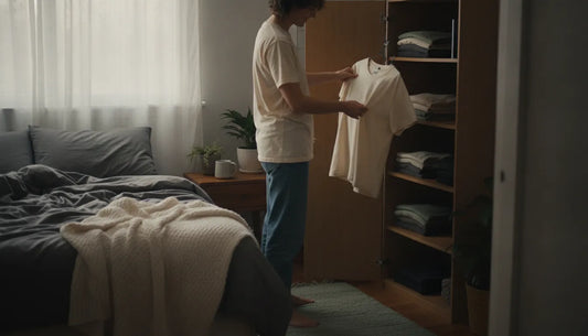 Person thoughtfully choosing a responsibly made cotton tee