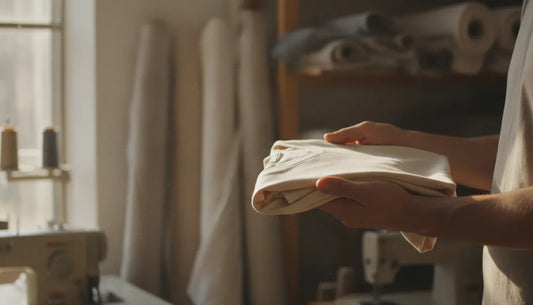 Hands holding a neatly folded cotton t-shirt in a bright textile workshop
