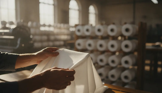 American garment worker's hands inspecting soft white cotton fabric in a bright textile mill
