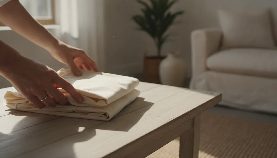A person calmly folding a small stack of soft cotton t-shirts in warm natural light, mindful and intentional mood