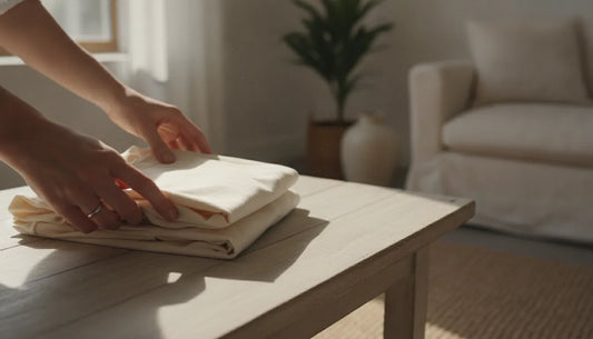 A person calmly folding a small stack of soft cotton t-shirts in warm natural light, mindful and intentional mood