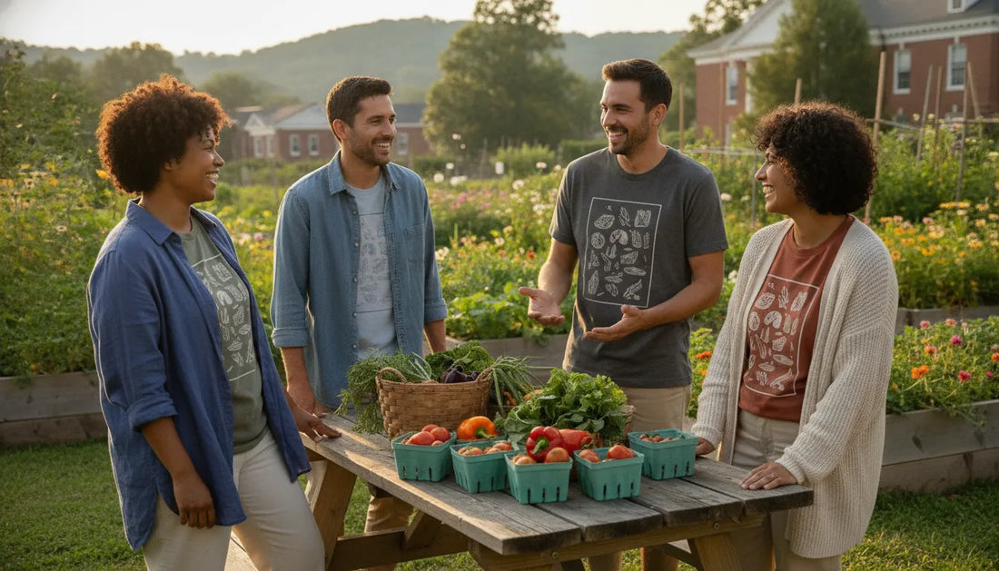 Four friends in graphic tees talking beside a community garden table