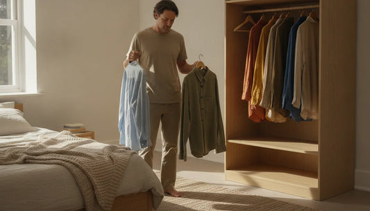 Person choosing everyday clothing mindfully in a sunlit wardrobe