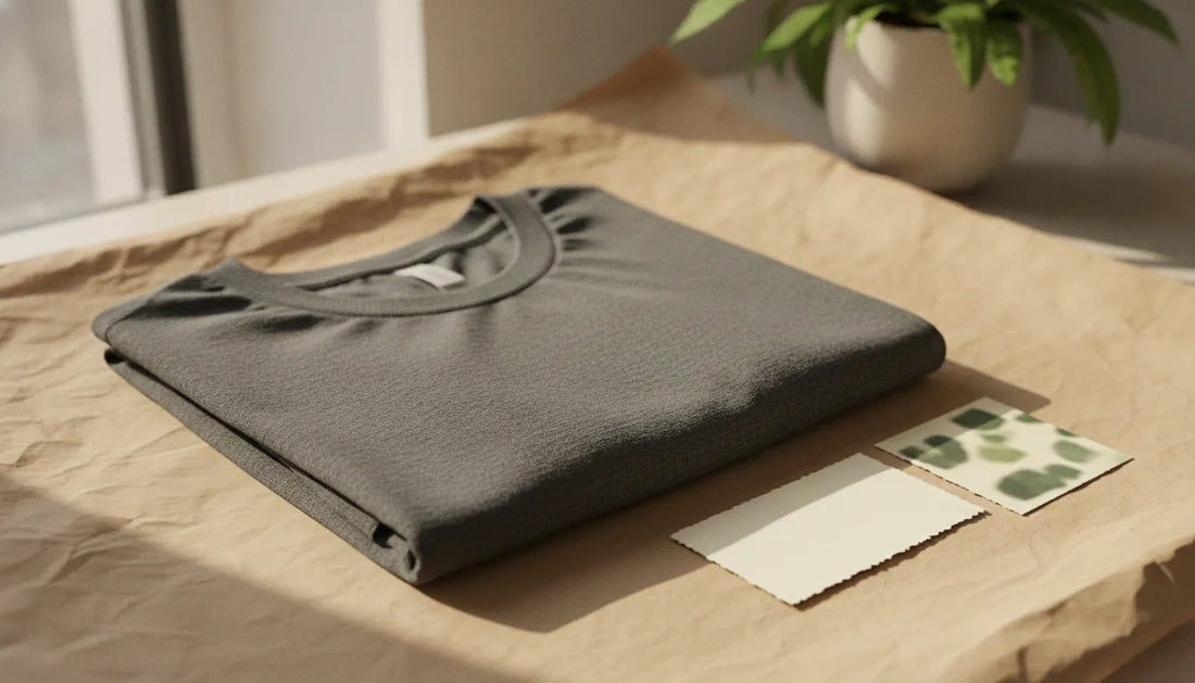 A folded responsibly made tee beside a blank gift card and simple botanical card
