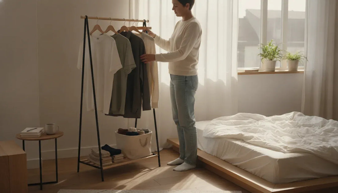 Person choosing a few versatile clothes from a minimalist wardrobe in a sunlit bedroom