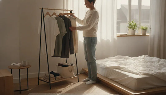 Person choosing a few versatile clothes from a minimalist wardrobe in a sunlit bedroom