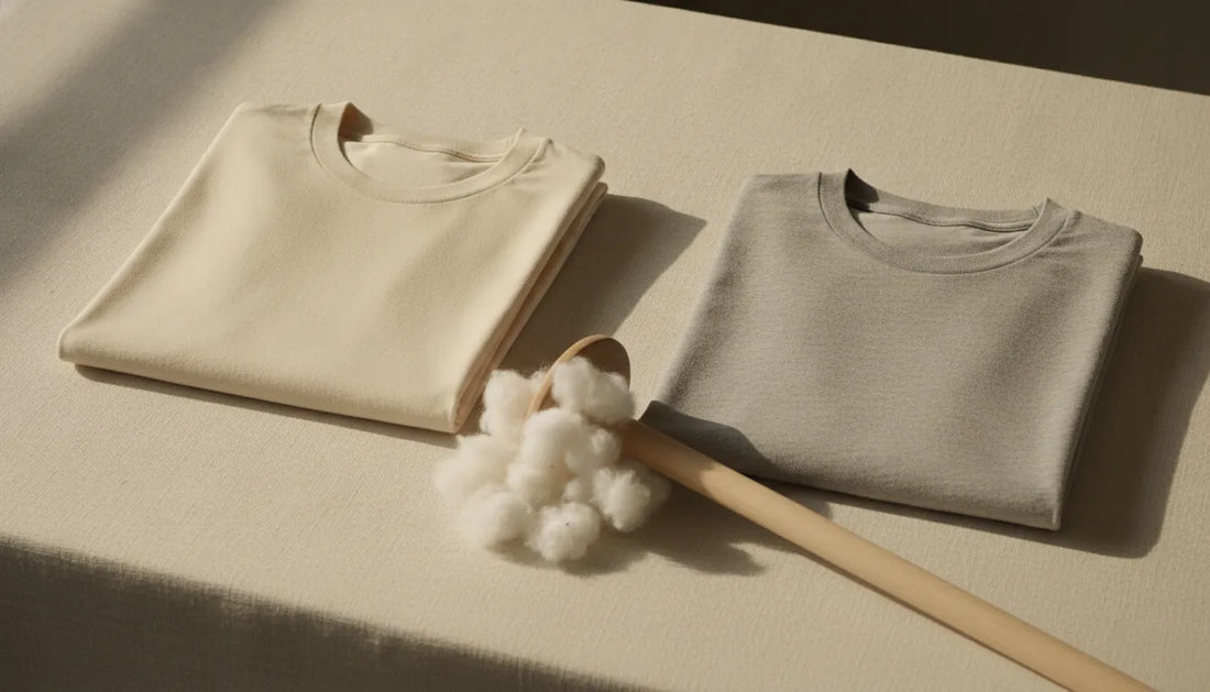 Two cotton T-shirts beside cotton fibers and a wooden spindle