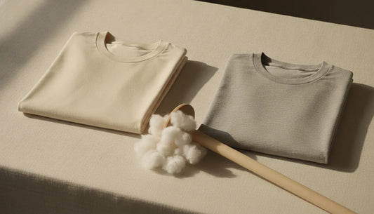 Two cotton T-shirts beside cotton fibers and a wooden spindle