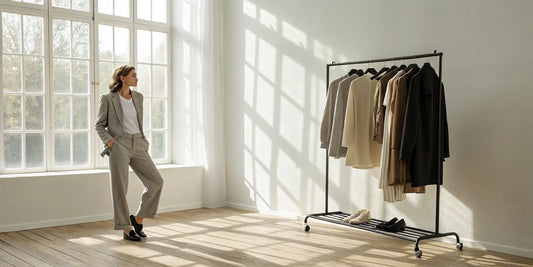 A woman stands by a rack of neutral Pact clothing for a brand review.
