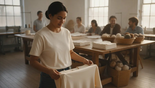 A mindful apparel maker inspecting responsibly made cotton in a bright workshop