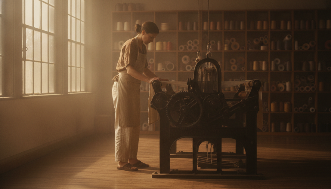 Whole textile worker inspecting cotton fabric beside a vintage weaving loom in a warmly lit mill.