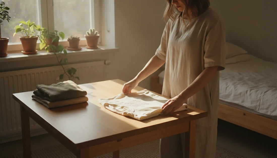 A woman folding a cotton t-shirt on a wooden table in a sunlit bedroom, surrounded by a neat stack of quality clothing and plants