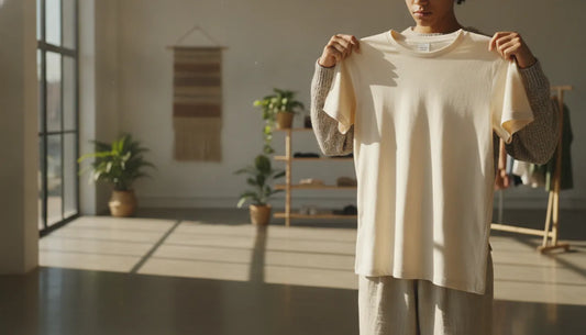 Person examining the quality of a cotton tee in a bright modern space