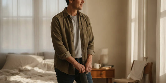 A person wearing a classic T-shirt as a comfortable base layer beneath an open overshirt
