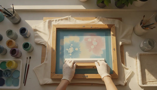 Artisan screen printing a soft cotton t-shirt with water-based ink in a warm workshop
