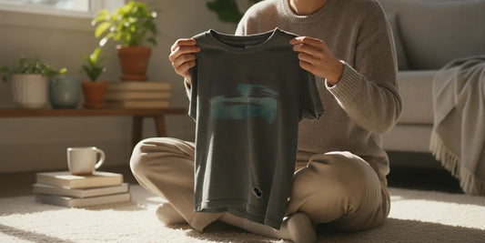 Cotton T-shirt showing a small hole near the lower front hem