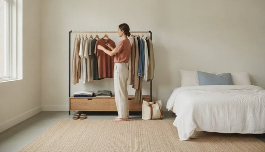 Person choosing a versatile cotton tee from a coordinated capsule wardrobe