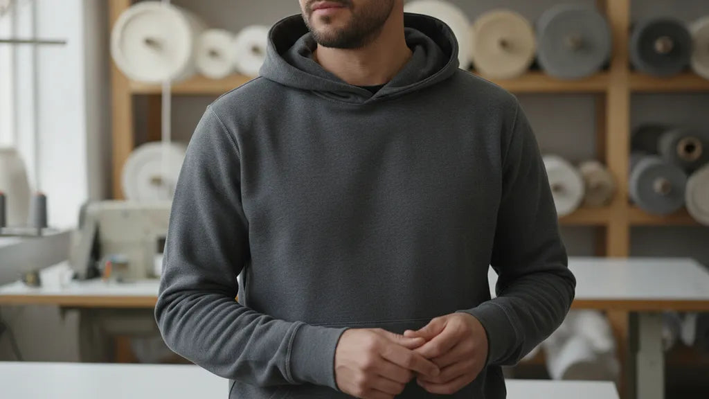 Person wearing a plain charcoal responsibly made hoodie in a textile studio