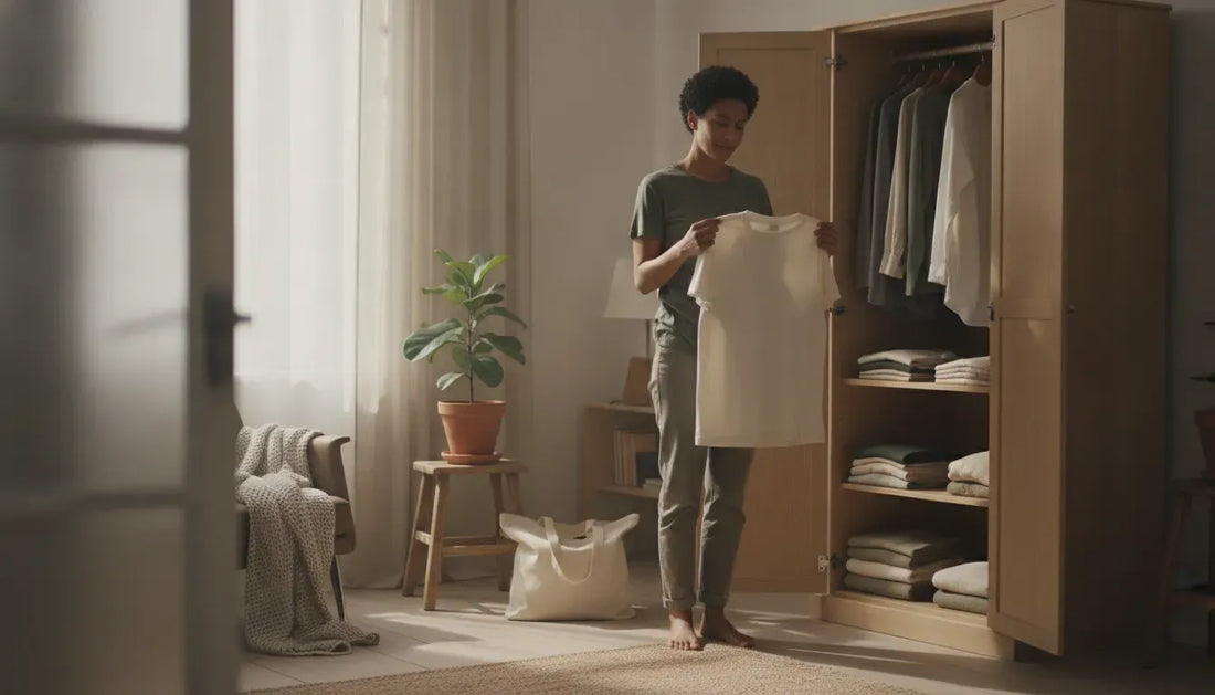 Person thoughtfully choosing a plain cotton tee in a mindful wardrobe