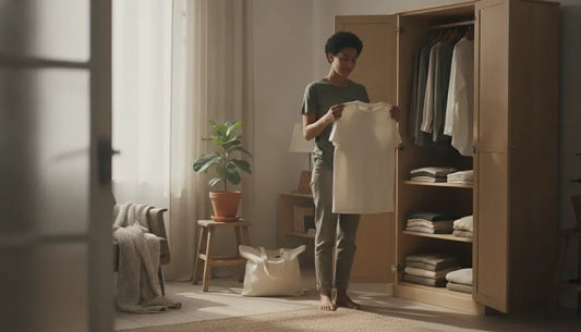 Person thoughtfully choosing a plain cotton tee in a mindful wardrobe