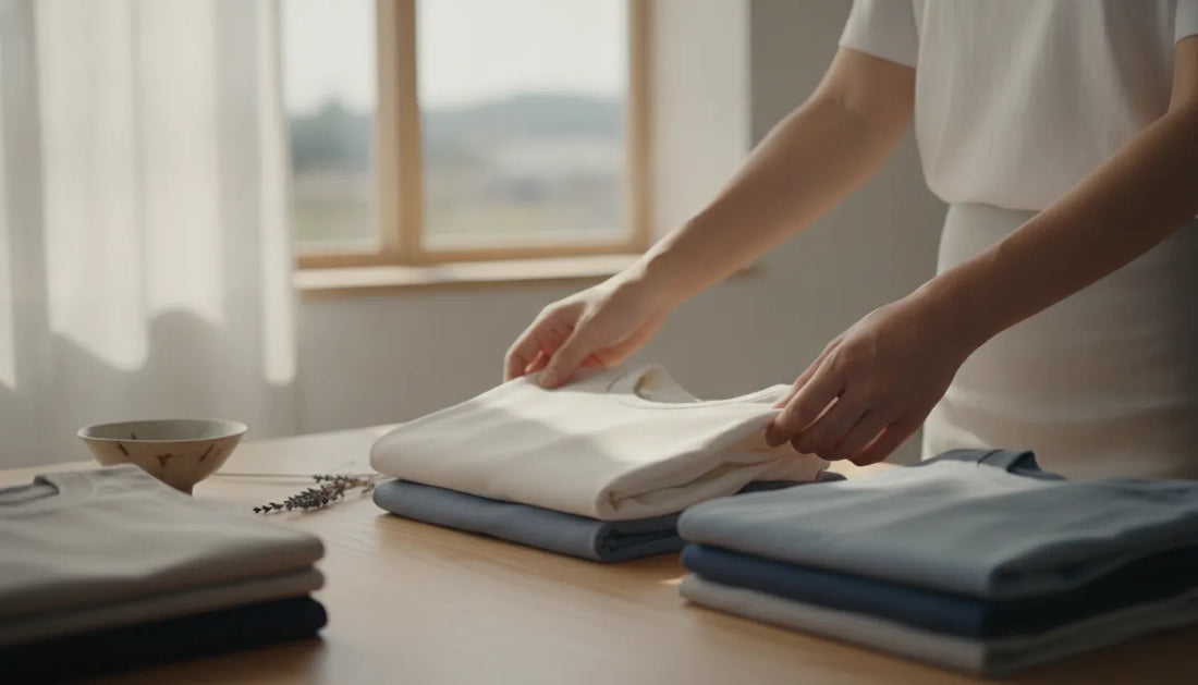 A person thoughtfully choosing a folded quality cotton t-shirt, calm mindful atmosphere