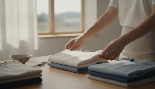 A person thoughtfully choosing a folded quality cotton t-shirt, calm mindful atmosphere