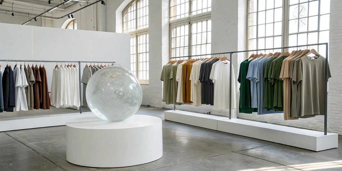A globe sculpture in a store of colorful t-shirts, a guide to the world of t-shirts.