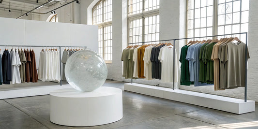 A globe sculpture in a store of colorful t-shirts, a guide to the world of t-shirts.