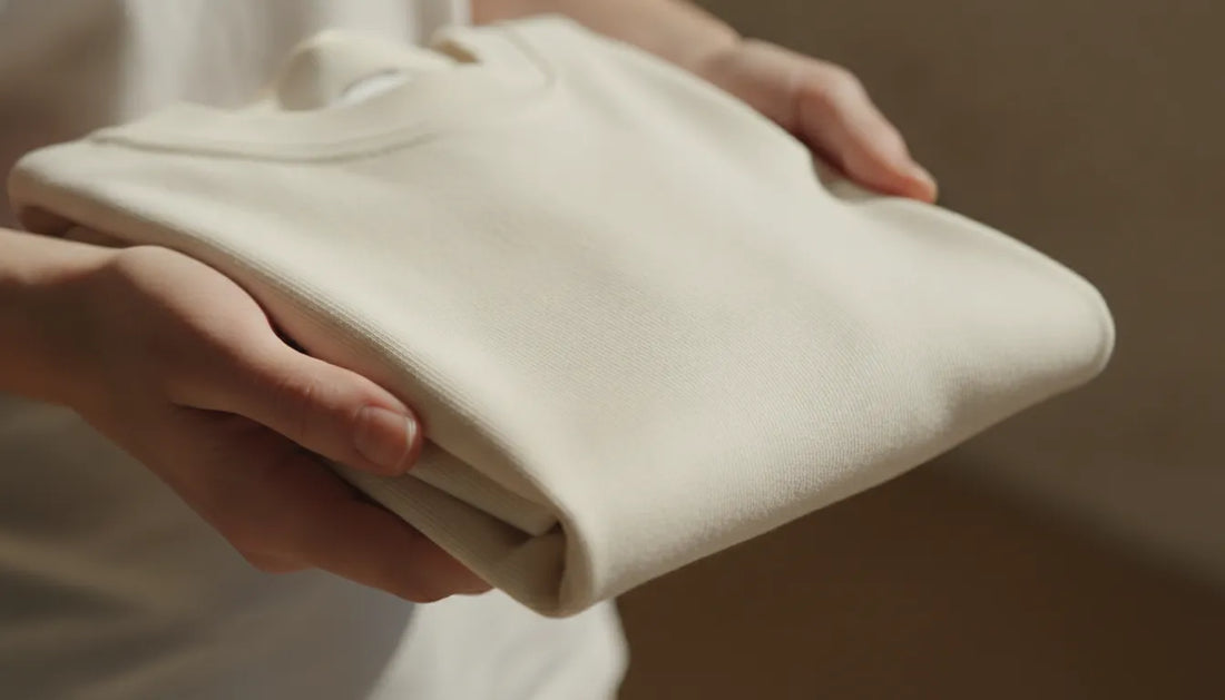 Hands holding a premium cotton t-shirt showing fabric texture and quality craftsmanship